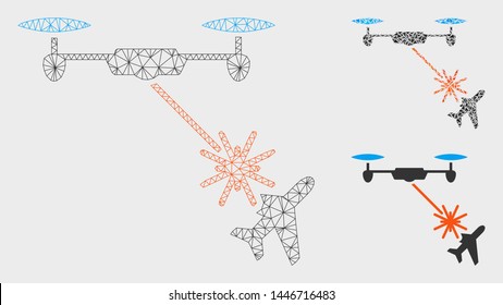 Mesh laser drone attacks airplane model with triangle mosaic icon. Wire frame triangular mesh of laser drone attacks airplane. Vector composition of triangle parts in various sizes, and color tints.