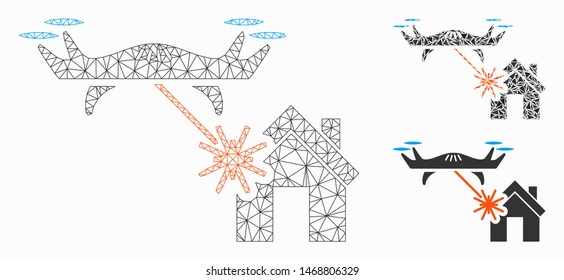 Mesh laser drone attacks house model with triangle mosaic icon. Wire carcass triangular mesh of laser drone attacks house. Vector mosaic of triangle elements in variable sizes, and color tones.