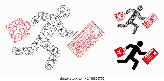 Mesh late passenger model with triangle mosaic icon. Wire frame polygonal mesh of late passenger. Vector mosaic of triangle elements in various sizes, and color tints. Abstract 2d mesh late passenger,