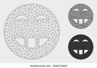 Mesh laugth smiley model with triangle mosaic icon. Wire carcass triangular mesh of laugth smiley. Vector mosaic of triangle elements in different sizes, and color hues.