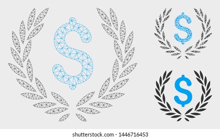Mesh laurel bank emblem model with triangle mosaic icon. Wire carcass polygonal mesh of laurel bank emblem. Vector mosaic of triangle elements in various sizes, and color tints.