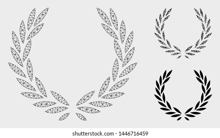 Mesh laurel wreath model with triangle mosaic icon. Wire carcass polygonal mesh of laurel wreath. Vector mosaic of triangle elements in various sizes, and color tints. Abstract 2d mesh laurel wreath,