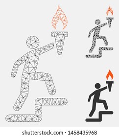 Mesh leader climb with torch model with triangle mosaic icon. Wire carcass triangular mesh of leader climb with torch. Vector mosaic of triangle elements in variable sizes, and color tinges.