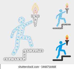 Mesh leader with torch model with triangle mosaic icon. Wire frame triangular mesh of leader with torch. Vector mosaic of triangle elements in different sizes, and color tones.