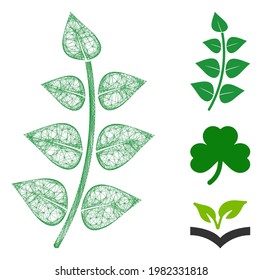 Mesh leaf branch polygonal web icon vector illustration. Carcass model is based on leaf branch flat icon. Triangle mesh forms abstract leaf branch flat carcass.