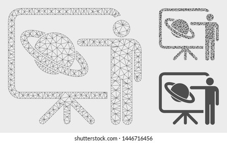 Mesh lecture model with triangle mosaic icon. Wire frame polygonal mesh of lecture. Vector mosaic of triangles in various sizes, and color tints. Abstract 2d mesh lecture, designed with triangles.