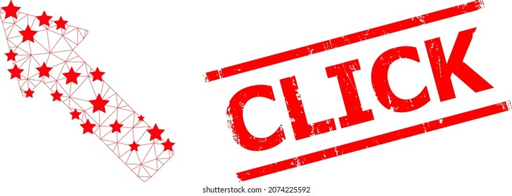 Mesh left up arrow polygonal icon vector illustration, and red CLICK scratched rubber print. Carcass model is created from left up arrow flat icon, with stars and polygonal mesh.