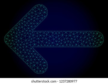 Mesh left arrow polygonal illustration. Abstract mesh lines, triangles and points on dark background with left arrow. Wire frame 2D polygonal line network in vector format on a dark blue background.