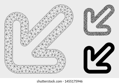 Mesh left-down arrow model with triangle mosaic icon. Wire carcass polygonal mesh of left-down arrow. Vector composition of triangle parts in various sizes, and color hues.