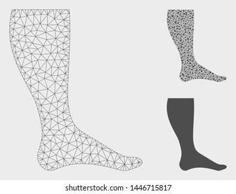 Mesh leg model with triangle mosaic icon. Wire frame triangular mesh of leg. Vector mosaic of triangle parts in different sizes, and color tints. Abstract flat mesh leg, created from triangular grid.