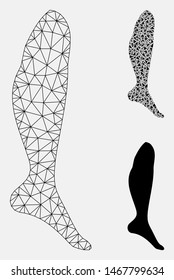 Mesh leg model with triangle mosaic icon. Wire frame triangular mesh of leg. Vector mosaic of triangle elements in variable sizes, and color tones. Abstract 2d mesh leg, built from triangular grid.