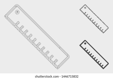 Mesh length ruler model with triangle mosaic icon. Wire frame polygonal mesh of length ruler. Vector mosaic of triangle parts in variable sizes, and color tones. Abstract flat mesh length ruler,