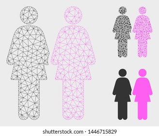 Mesh lesbi couple model with triangle mosaic icon. Wire frame polygonal mesh of lesbi couple. Vector mosaic of triangle elements in various sizes, and color tinges. Abstract 2d mesh lesbi couple,