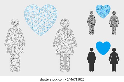 Mesh lesbi love pair model with triangle mosaic icon. Wire frame polygonal network of lesbi love pair. Vector collage of triangle parts in different sizes, and color hues.