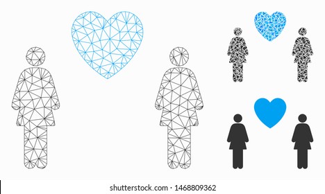 Mesh lesbi love pair model with triangle mosaic icon. Wire frame triangular network of lesbi love pair. Vector mosaic of triangle parts in different sizes, and color tones.