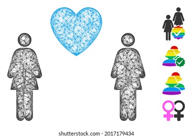 Mesh lesbi love pair web icon vector illustration. Carcass model is based on lesbi love pair flat icon. Mesh forms abstract lesbi love pair flat model.