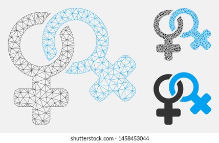 Mesh lesbi symbol model with triangle mosaic icon. Wire frame polygonal network of lesbi symbol. Vector mosaic of triangle parts in various sizes, and color tones. Abstract flat mesh lesbi symbol,