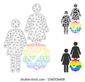 Mesh for lesbians model with triangle mosaic icon. Wire carcass triangular mesh of for lesbians. Vector mosaic of triangle parts in various sizes, and color shades. Abstract flat mesh for lesbians,
