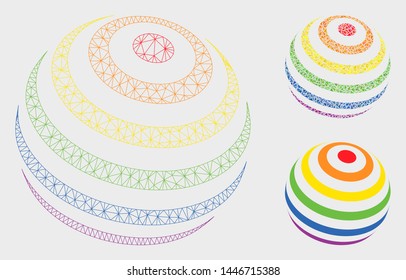 Mesh LGBT color stripes abstract sphere model with triangle mosaic icon. Wire frame triangular mesh of LGBT color stripes abstract sphere. Vector mosaic of triangle parts in variable sizes,