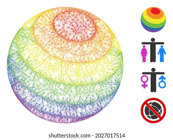 Mesh LGBT color stripes sphere web symbol vector illustration. Model is based on LGBT color stripes sphere flat icon. Network forms abstract LGBT color stripes sphere flat model.
