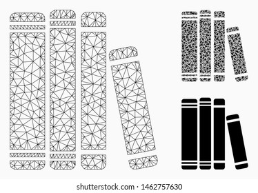Mesh library books model with triangle mosaic icon. Wire frame triangular mesh of library books. Vector mosaic of triangle elements in variable sizes, and color tones.
