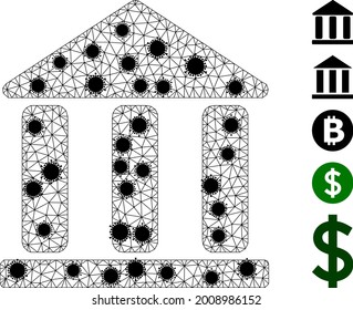 Mesh library building polygonal icon vector illustration, with black coronavirus centers. Model is based on library building flat icon, with coronavirus nodes and polygonal net.