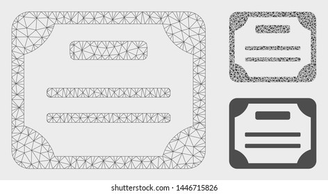 Mesh license model with triangle mosaic icon. Wire frame polygonal mesh of license. Vector mosaic of triangle elements in various sizes, and color tinges. Abstract flat mesh license,