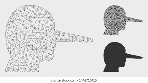Mesh lier model with triangle mosaic icon. Wire carcass triangular network of lier. Vector mosaic of triangle parts in various sizes, and color hues. Abstract 2d mesh lier, designed with triangles.