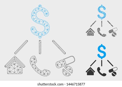 Mesh life expenses model with triangle mosaic icon. Wire carcass polygonal mesh of life expenses. Vector mosaic of triangle elements in variable sizes, and color tints. Abstract 2d mesh life expenses,