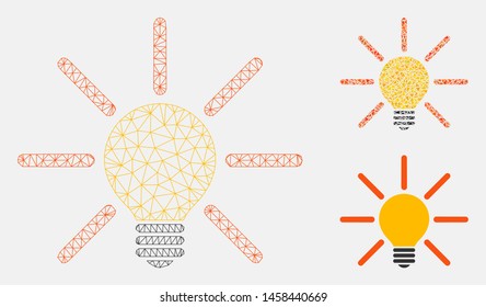 Mesh light bulb model with triangle mosaic icon. Wire carcass triangular mesh of light bulb. Vector mosaic of triangle elements in different sizes, and color tinges. Abstract 2d mesh light bulb,