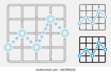 Mesh line plot model with triangle mosaic icon. Wire carcass polygonal mesh of line plot. Vector mosaic of triangle parts in variable sizes, and color tones. Abstract 2d mesh line plot,