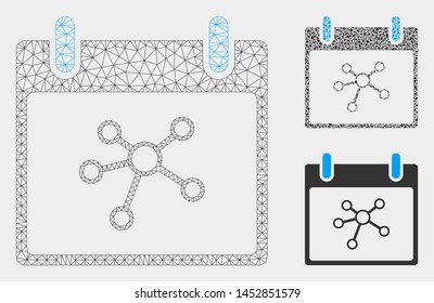 Mesh links calendar day model with triangle mosaic icon. Wire carcass triangular network of links calendar day. Vector mosaic of triangle parts in variable sizes, and color hues.