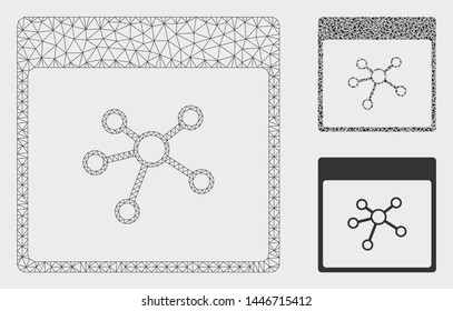 Mesh links calendar page model with triangle mosaic icon. Wire frame polygonal mesh of links calendar page. Vector collage of triangle parts in different sizes, and color hues.