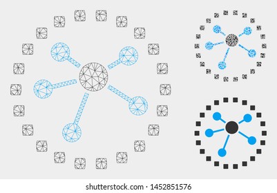Mesh links diagram model with triangle mosaic icon. Wire frame triangular mesh of links diagram. Vector mosaic of triangles in different sizes, and color shades. Abstract 2d mesh links diagram,