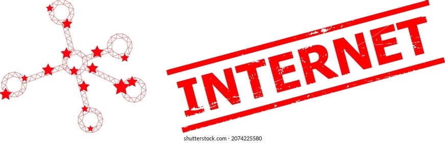 Mesh links polygonal 2d vector illustration, and red INTERNET grunge stamp imitation. Model is created from links flat icon, with stars and polygonal mesh. INTERNET message is between parallel lines.