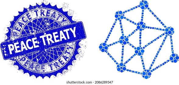 Mesh links vector collage of dots in variable sizes and blue color shades, and distress Peace Treaty stamp seal. Blue round sharp rosette stamp seal has Peace Treaty tag inside it.