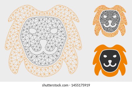 Mesh lion head model with triangle mosaic icon. Wire frame triangular mesh of lion head. Vector mosaic of triangle parts in variable sizes, and color tones. Abstract 2d mesh lion head,