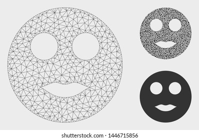 Mesh lips smiley model with triangle mosaic icon. Wire frame triangular mesh of lips smiley. Vector mosaic of triangle elements in variable sizes, and color tinges. Abstract flat mesh lips smiley,