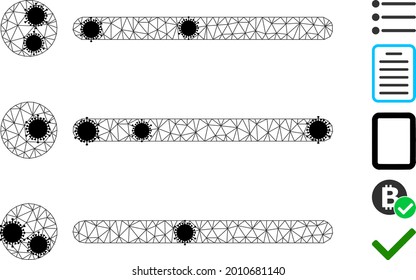 Mesh list items polygonal 2d vector illustration, with black infection nodes. Carcass model is based on list items flat icon, with virus nodes and triangular mesh.
