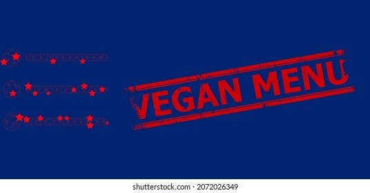 Mesh list items polygonal icon vector illustration, and red VEGAN MENU dirty stamp imitation. Model is created from list items flat icon, with stars and triangle mesh.