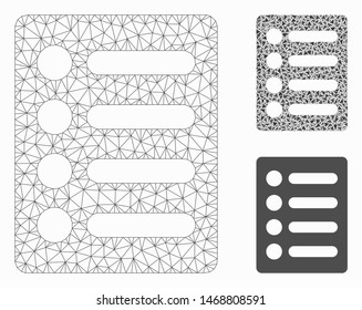 Mesh list model with triangle mosaic icon. Wire carcass triangular mesh of list. Vector mosaic of triangles in variable sizes, and color tones. Abstract 2d mesh list, designed with triangular grid.