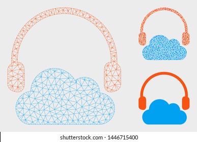 Mesh listen cloud model with triangle mosaic icon. Wire carcass triangular mesh of listen cloud. Vector composition of triangle elements in various sizes, and color shades.