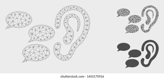 Mesh listen gossips model with triangle mosaic icon. Wire carcass polygonal mesh of listen gossips. Vector mosaic of triangle parts in variable sizes, and color tones. Abstract 2d mesh listen gossips,