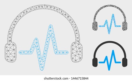 Mesh listen model with triangle mosaic icon. Wire frame triangular mesh of listen. Vector collage of triangle parts in variable sizes, and color tinges. Abstract 2d mesh listen,