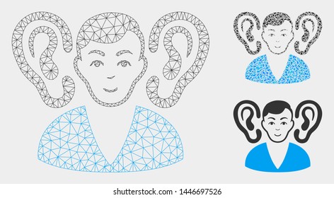 Mesh listener model with triangle mosaic icon. Wire carcass polygonal network of listener. Vector mosaic of triangle parts in variable sizes, and color shades. Abstract 2d mesh listener,