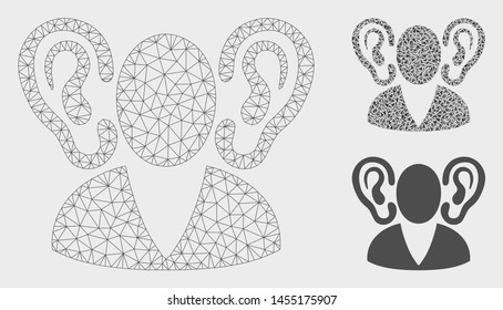 Mesh listener model with triangle mosaic icon. Wire carcass triangular mesh of listener. Vector composition of triangle elements in variable sizes, and color hues. Abstract flat mesh listener,