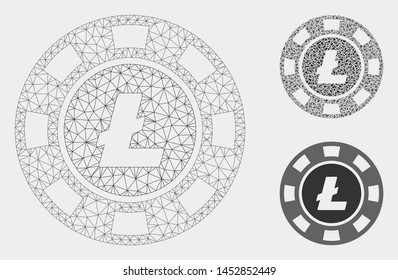 Mesh Litecoin casino chip model with triangle mosaic icon. Wire carcass triangular mesh of Litecoin casino chip. Vector composition of triangle elements in different sizes, and color hues.