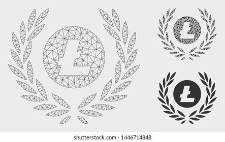 Mesh Litecoin coin laurel wreath model with triangle mosaic icon. Wire frame triangular mesh of Litecoin coin laurel wreath. Vector mosaic of triangles in different sizes, and color shades.