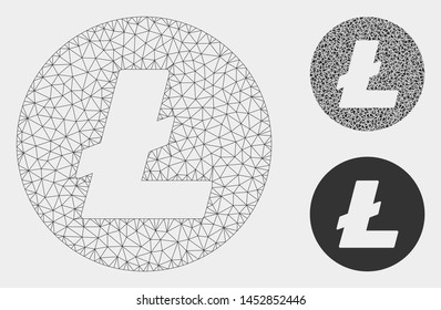 Mesh Litecoin coin model with triangle mosaic icon. Wire carcass triangular mesh of Litecoin coin. Vector collage of triangles in various sizes, and color hues. Abstract flat mesh Litecoin coin,