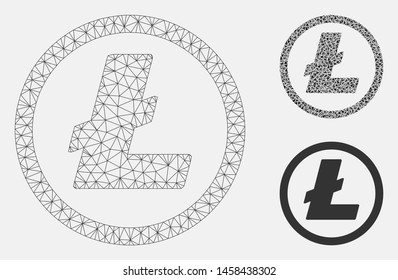 Mesh Litecoin coin model with triangle mosaic icon. Wire carcass triangular mesh of Litecoin coin. Vector mosaic of triangle parts in variable sizes, and color tones. Abstract 2d mesh Litecoin coin,